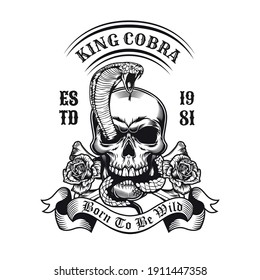 Retro emblem with king cobra appearing from skull. Monochrome design elements with human skull, snake and roses. Gothic or horror concept for label, stamp, tattoo template