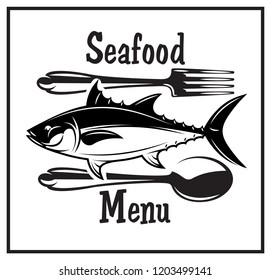 Retro emblem for kitchen with fish, spoon and fork.