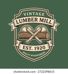 Retro emblem for a lumber mill, featuring saws and logs, est. 1920.