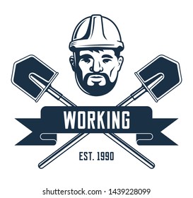 Retro emblem of a miner in a helmet. crosshair shovels. silhouette on black background. vector illustration