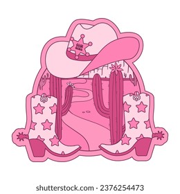 Retro emblem with pair of Cowgirl boots and hat. Pink retro concept with cactus desert landscape. T-shirt or poster design of wild side. Vector hand drawn illustration.