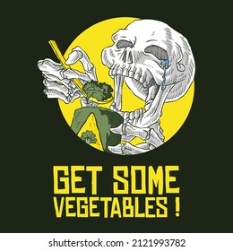 Emblema retro de esqueleto comiendo brócoli