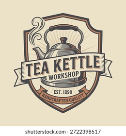 Um emblema retrô para uma oficina de chaleira de chá, com uma chaleira clássica e o texto 'Tea Kettle Workshop Est. 1890 Qualidade artesanal.