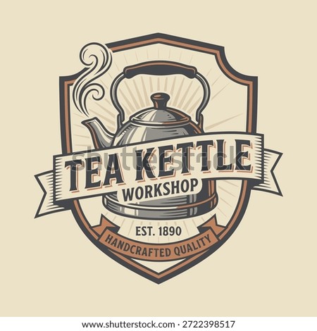 A retro emblem for a tea kettle workshop, featuring a classic kettle and the text 'Tea Kettle Workshop Est. 1890 Handcrafted Quality'.