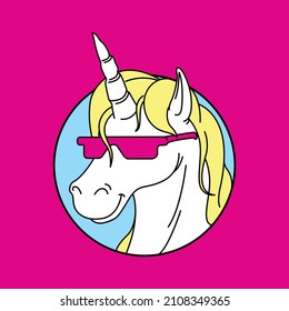 Retro Emblem Of Unicorn Horse Wearing A Glasses