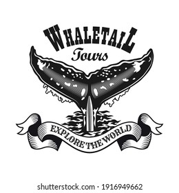 Retro emblem with whale tail. Monochrome design elements with text for travel or exploring agency. Nature or wildlife concept for travel agency stamp, label, sign template