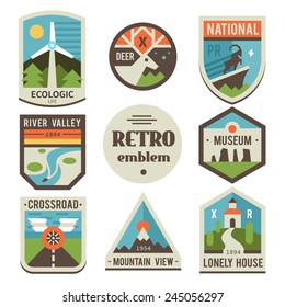 Retro emblems: ecologic, deer, national park, river valley, museum, crossroad, mountains, house. Vector flat logos