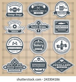 Retro emblems set with food drinks barbershop and woodworks sticker isolated vector illustration