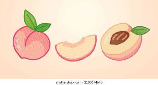 Retro embroidery patch white peach set. Illustrated white peach in whole piece, cut in half, and sliced isolated in pastel background