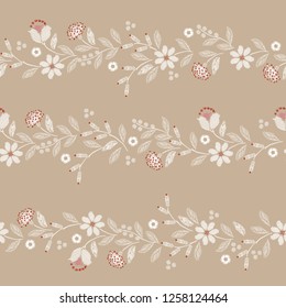 Retro  Embroidery seamless pattern with beautiful wild flowers delicate vector print  illustration design for fashion ,fabric,wallpaper,cover,web, and all prints on light beige