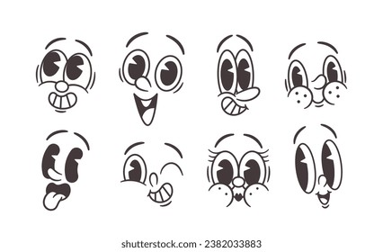 Retro Emoji Black And White Set. Vintage Cartoon Characters Expression. Classic Monochrome Emoticons