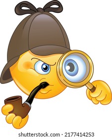 Retro emoji emoticon detective looking through a magnifying glass and smoking a pipe