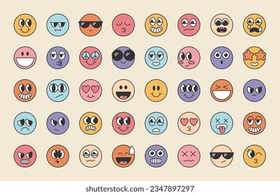 Etiquetas de emoji retro. Paquete de pegatinas en estilo de dibujos animados psicodélicos de moda. Elementos de trazo editables.Isolación de ilustración vectorial.