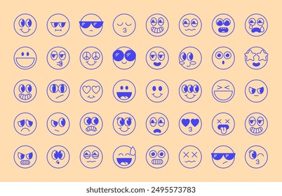 Conjunto de etiquetas de emoji retro. Paquete de pegatinas en estilo de línea de dibujos animados de moda. Elementos de trazo editables. Ilustración vectorial aislada.