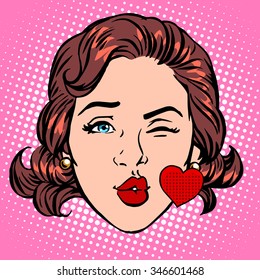 Retro Emoji love kiss heart woman face pop art retro style