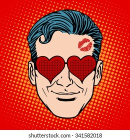 Retro Emoji lover man face pop art style. Heart love romantic relationship kiss