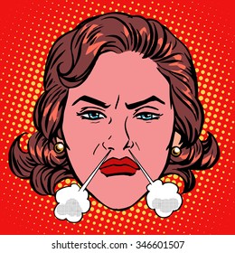 Retro Emoji rage anger boiling woman face pop art retro style