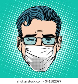 Retro Emoji sore virus infection medical mask face man pop art style