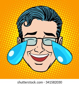 Retro Emoji tears joy man face pop art style. Joke hysterical laughter