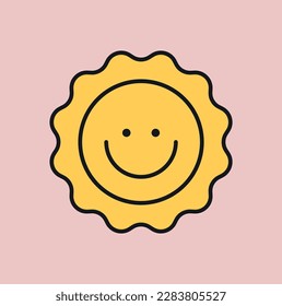 Retro emoticon concept. Yellow smile for social networks and messengers. Positivity and optimism, emotions and feelings. Hippie style sticker. Cartoon flat vector illustration