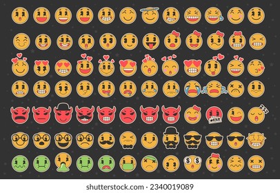 retro emoticons bundle sticker set with flat color concept