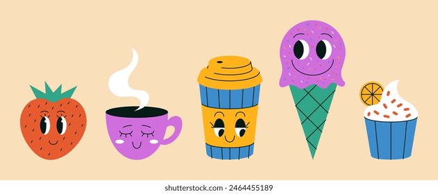 Emoticones retro. Personajes de comida de dibujos animados con caras de sonrisa. Formas de color Abstractas. Vaso de café. Feliz helado. Taza de té caliente. Mascotas de fresa y magdalenas. Expresiones emocionales. Conjunto de iconos de emoticonos de Vector