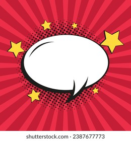 The retro empty comic bubble and element with yellow stars on black halftone shadows on red and pink background. Vector illustration