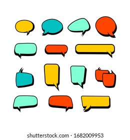 Retro empty comic bubbles in bright colors or speech and thought icon set on isolated white background. Pop art style, vintage design. EPS 10 vector.