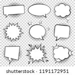 Retro empty comic bubbles and elements set with black halftone shadows on transparent background. Vector illustration, vintage design, pop art style.