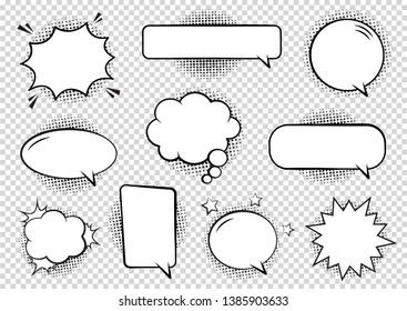 Retro empty comic bubbles and elements set with black halftone shadows on transparent background. Vector illustration, vintage design, pop art style. - Shutterstock ID 1385903633