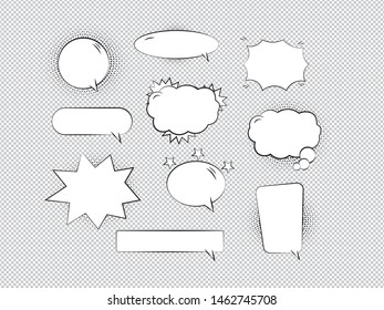 Retro empty comic bubbles and elements set with black halftone shadows on transparent background. Vector illustration, vintage design, pop art style.