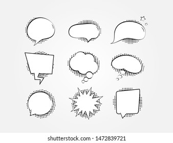Retro empty comic bubbles and elements set with black halftone shadows.Vintage design, pop art style.Vector	

