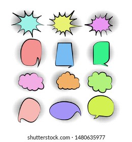 Retro empty comic bubbles and elements set colored collection with black halftone shadows. Vector illustration, vintage design, pop art style - vector design
