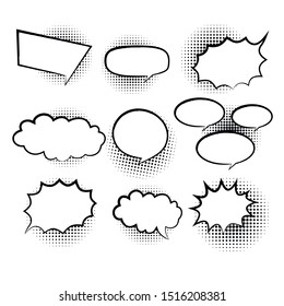 Retro empty comic bubbles and elements set with black halftone shadows. Vector illustration, vintage design, pop art style.