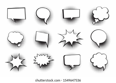 Retro empty comic bubbles and elements set with halftone shadows on white background. Vector illustration, vintage design, pop art style. Vector illustration