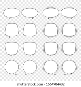 Retro empty comic bubbles and elements set with black halftone shadows on transparent background. Vector illustration, vintage design, pop art style.