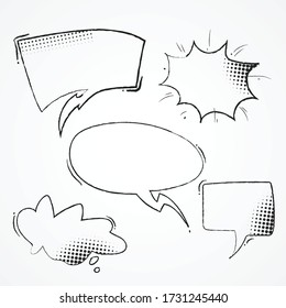 Retro empty comic bubbles and elements set with black halftone shadows on transparent background. Vector illustration, vintage design, pop art style.