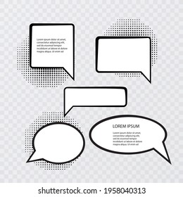 Retro empty comic bubbles and elements set with black halftone shadows on transparent background. Vintage design or pop art style