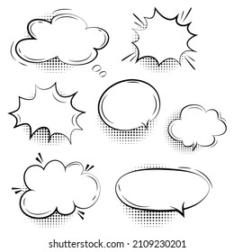 Retro empty comic bubbles and elements set with black halftone shadows background. Vector illustration, vintage design, pop art style.