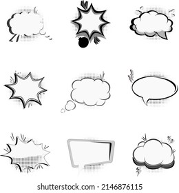 Retro empty comic bubbles and elements set with black halftone shadows. Vector illustration, vintage design, pop art style.