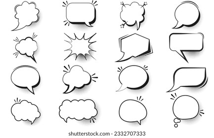 Retro empty comic bubbles and elements set with black halftone shadows.