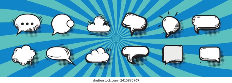 Retro empty comic bubbles and elements set with black halftone shadows. Comic empty speech bubble with space for your text, dots, stars and clouds.