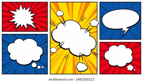 Retro empty comic bubbles and elements set with colorful halftone 