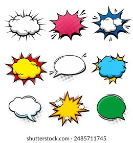 Retro empty comic bubbles and elements set with on white background. Vector illustration, vintage design, pop art style.