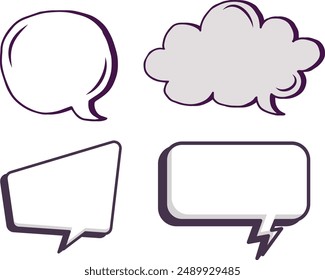 Retro empty comic bubbles and elements set with black halftone shadows on transparent background. Vector illustration, vintage design, pop art style, Collection of black and white comic speech bubbles