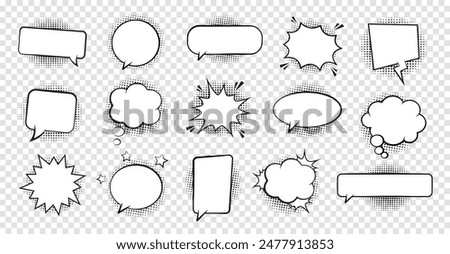 Retro empty comic bubbles and elements set with black halftone shadows on transparent background. Vector illustration, vintage design, pop art style.