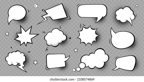 Retro empty comic bubbles. Speech bubbles and dialogue elements set with black halftone shadows. Communication icons pop art.