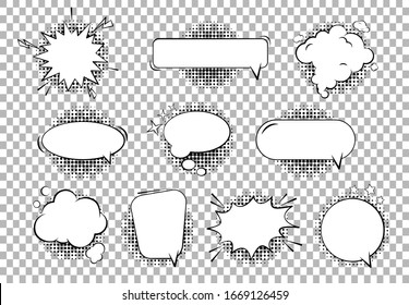 Retro empty comic cartoon bubbles and cloud elements of speech collection with black halftone shadows on transparent background. Discussion message bubble. Vector illustration, vintage design, pop art