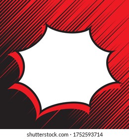 Retro empty comic speech bubble with diagonal lines in red black background. Mockup for comic book and manga. Vector bright dynamic cartoon illustration. Pop-art style. Template for your design