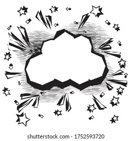Retro empty comic speech bubble. Boom pop art explosion. Hand drawn black and white colors cartoon. Mockup for comic book and manga. Vector dynamic illustration. Template for your design